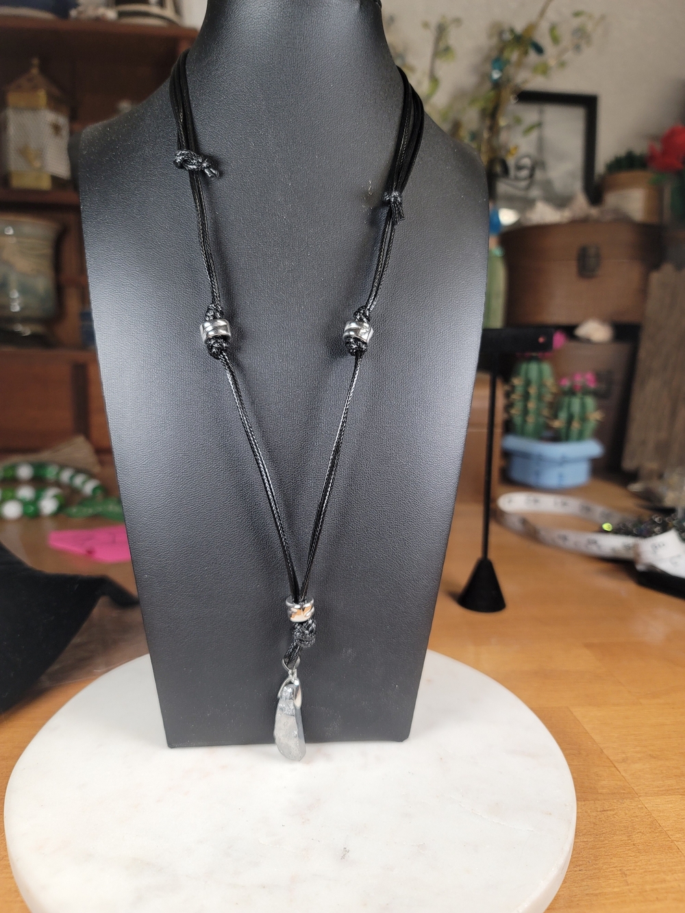 paparazzi Black Cord Necklace with Silver Beads and Gray Pendant